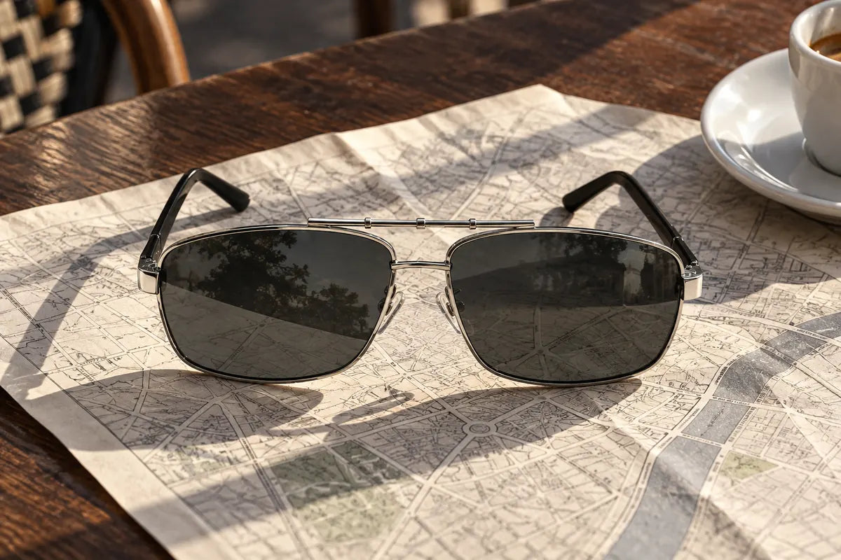 Silver Q5 sunglasses on a city map, photographed on a café table
