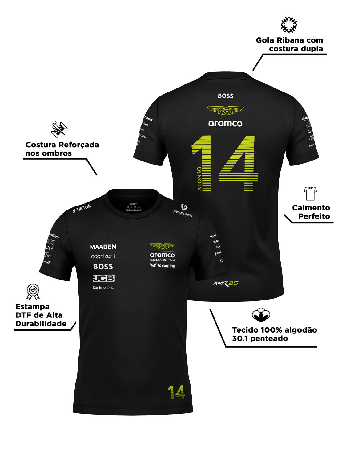 Camiseta Algodão Aston Martin Fernando Alonso Preto 2025