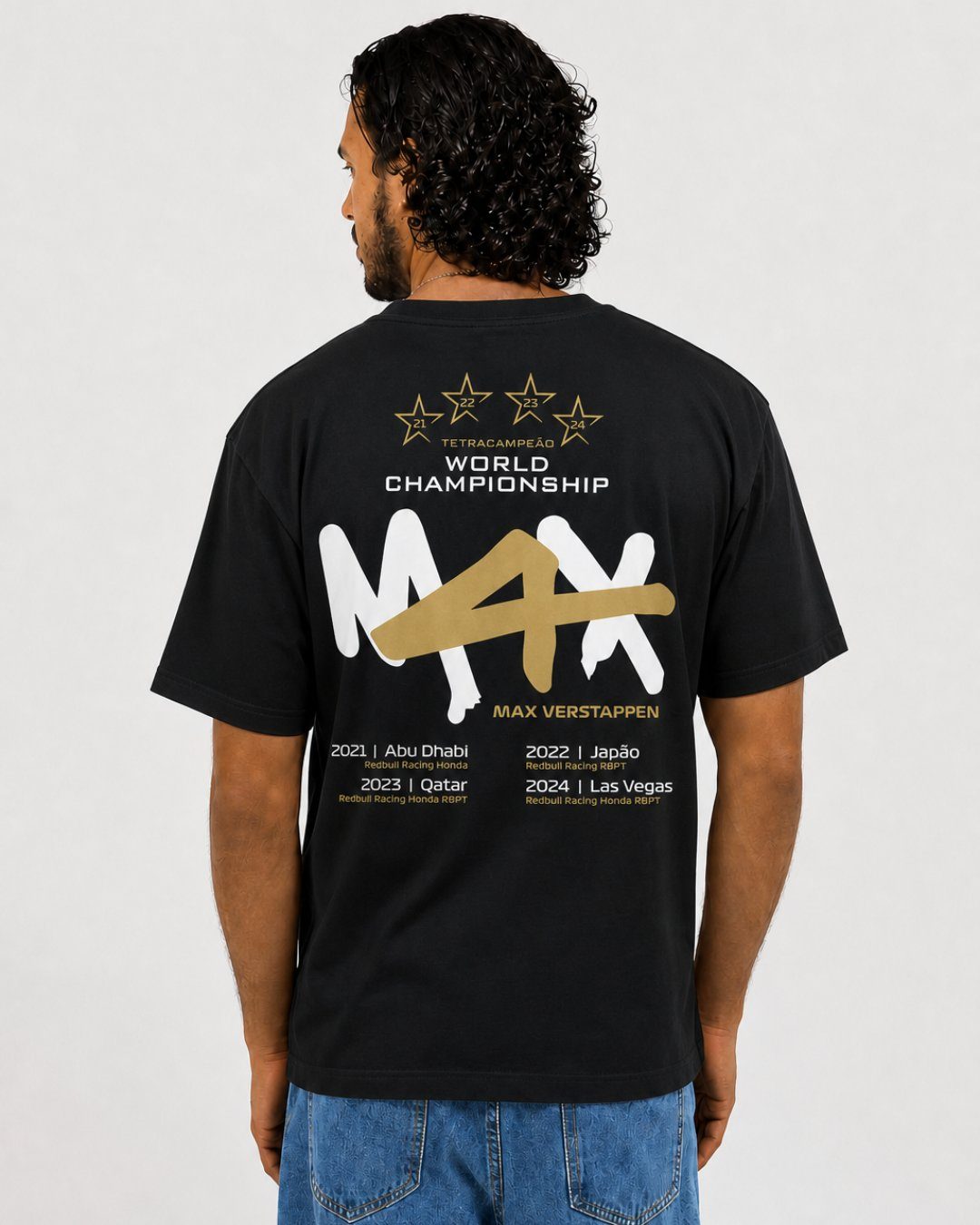 Camiseta Max Verstappen Campeão Mundial 2024 Preta Algodão