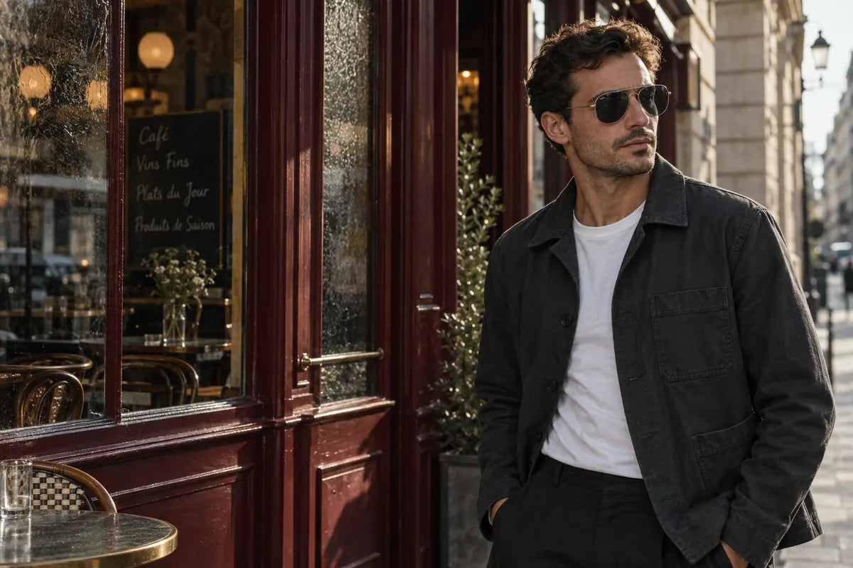 AMBREUX city campaign: a man wearing sunglasses outside a café